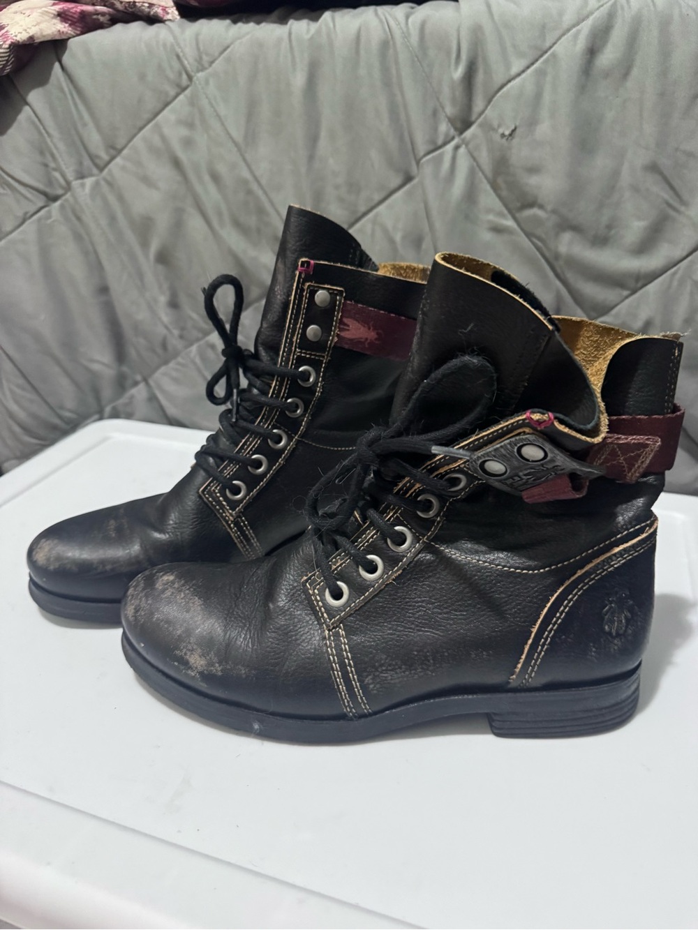 Fly London Black Leather Lace-Up Combat Boots with Dark Red Strap